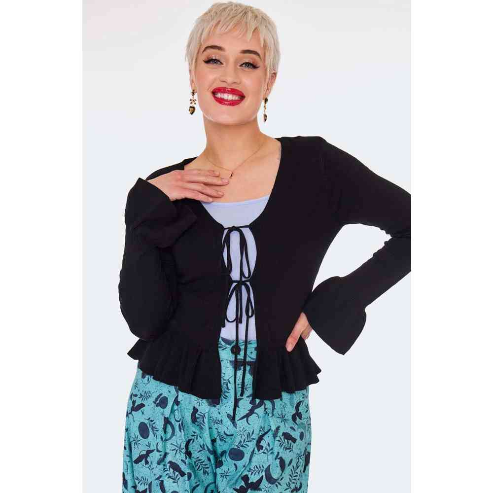 Voodoo Vixen - Tie Front Ruffle Strickjacke - Schwarz